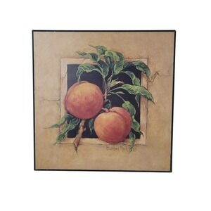 Barbara Mock Peach Fruit Squares Plaque Wall Art Kitchen Decor 10x10